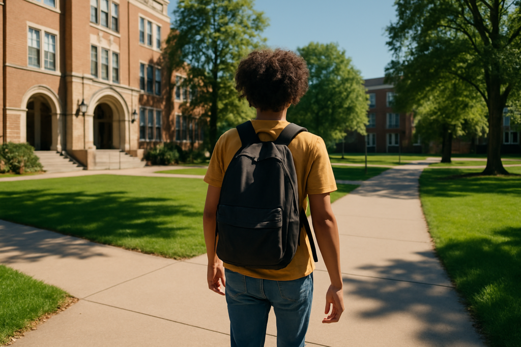 Wide horizontal photo of a young person shown from behind walking across a sunny college campus, bright daylight, no vis