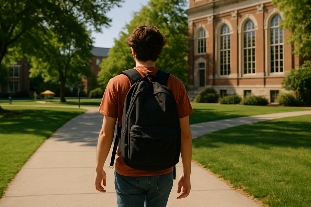 Wide horizontal photo of a young person shown from behind walking across a sunny college campus, bright daylight, no vis