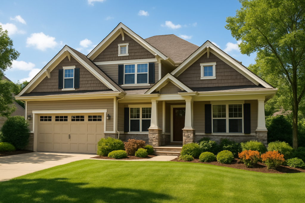 Wide horizontal photo of an attractive two-story suburban home with nice architectural details, a well-manicured lawn, a