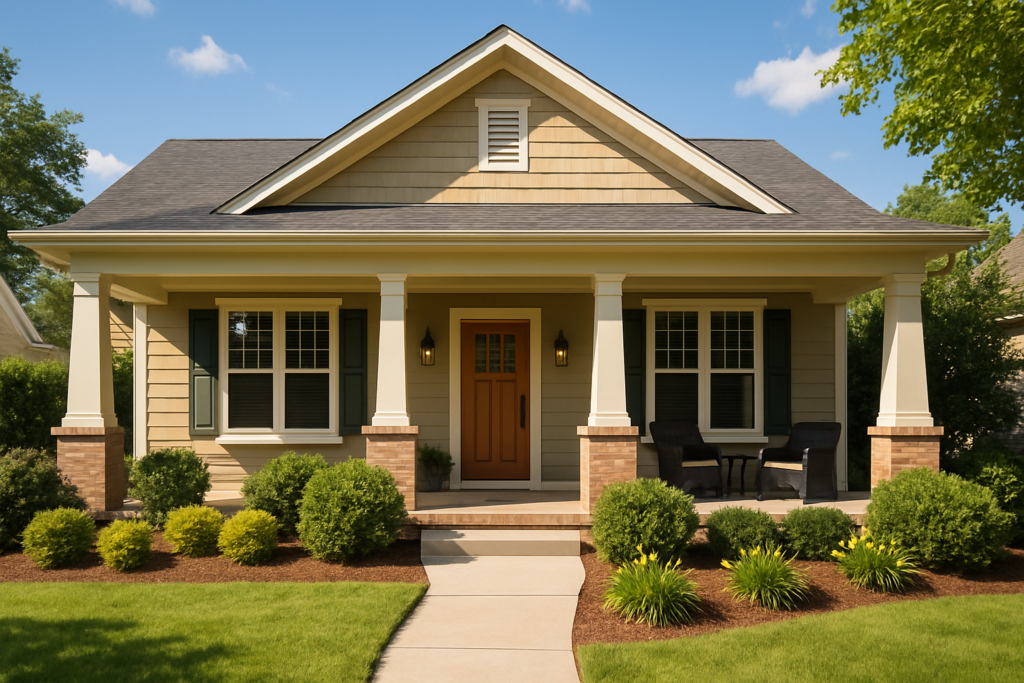 Wide horizontal photo of an attractive well-kept suburban home with a covered porch, bright sunny daytime, clean landsca