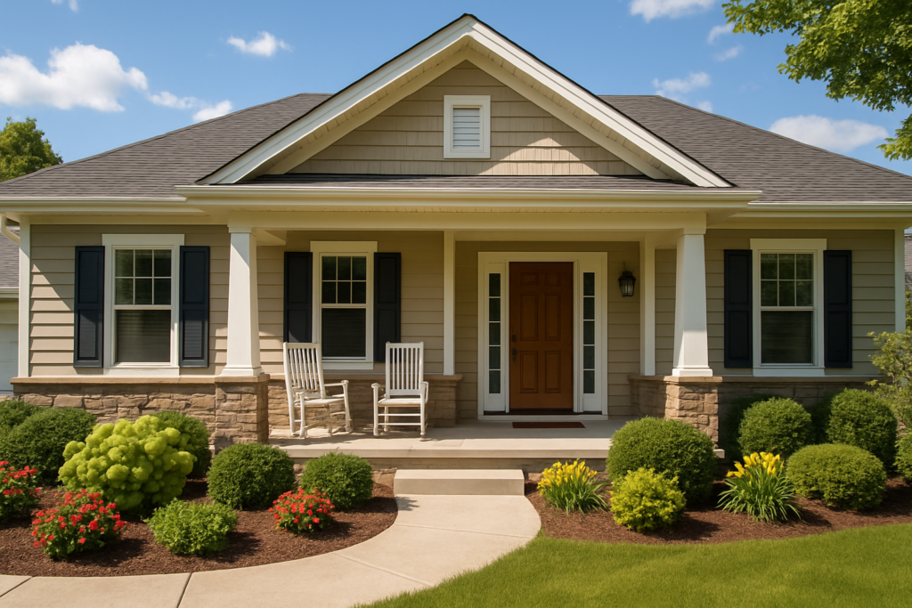 Wide horizontal photo of an attractive well-kept suburban home with a covered porch, bright sunny daytime, clean landsca