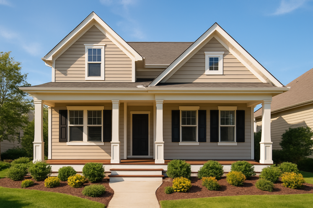 Wide horizontal photo of an attractive well-kept suburban home with a covered porch, bright sunny daytime, clean landsca