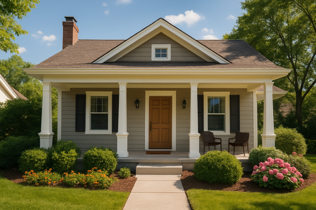 Wide horizontal photo of an attractive well-kept suburban home with a covered porch, bright sunny daytime, clean landsca