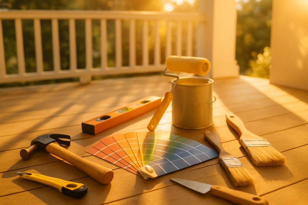 Wide horizontal photo of home renovation tools and paint swatches laid out on a bright sunny porch, warm cheerful light,
