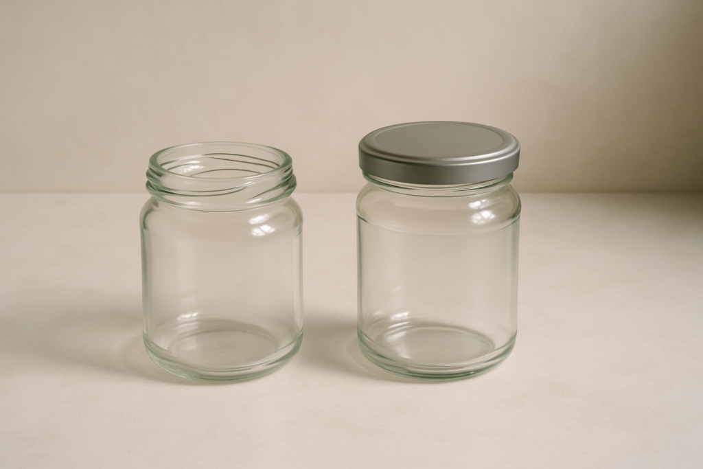 Wide horizontal photo of two glass jars on a light surface, one open and one sealed with a lid, soft light, muted colors