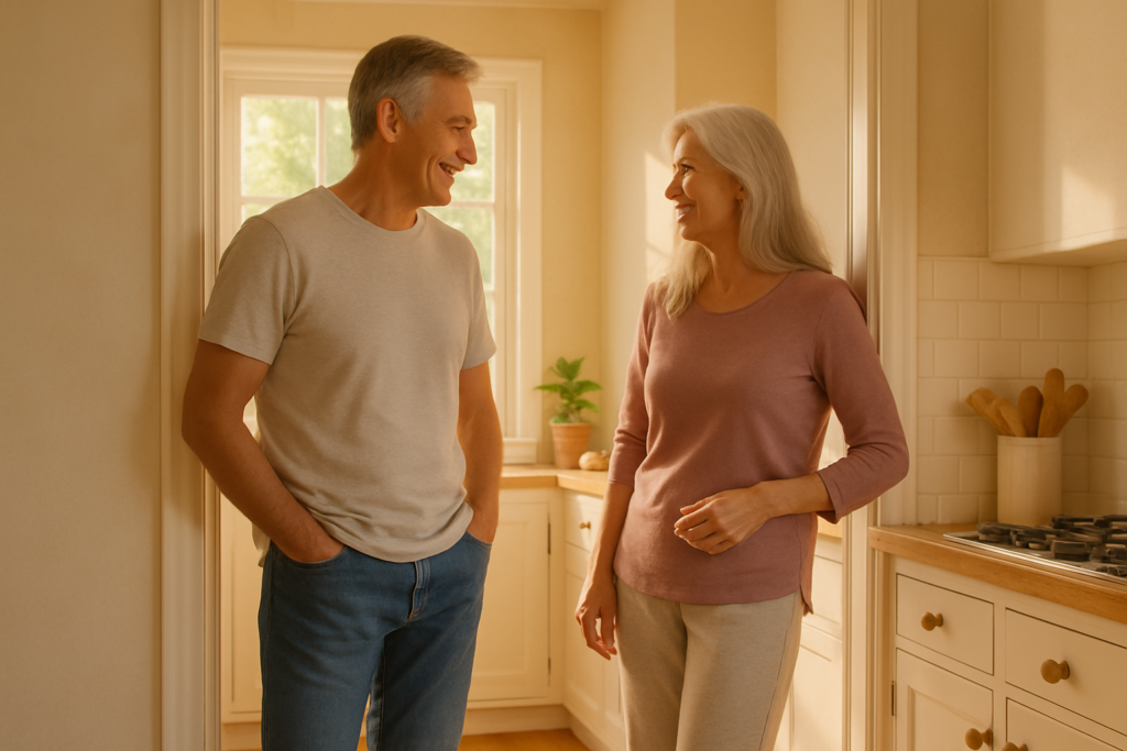 Couple in their early 60s discussing retirement plans in a bright kitchen