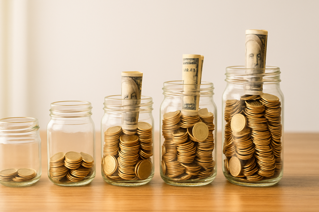 wide horizontal abstract conceptual editorial photo of five glass jars arranged in ascending steps from left to right ac