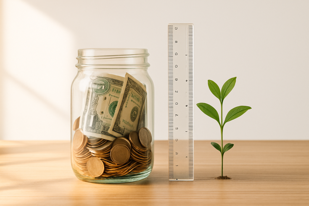 wide horizontal editorial abstract conceptual photo of a large glass jar filled with coins and dollar bills placed on a