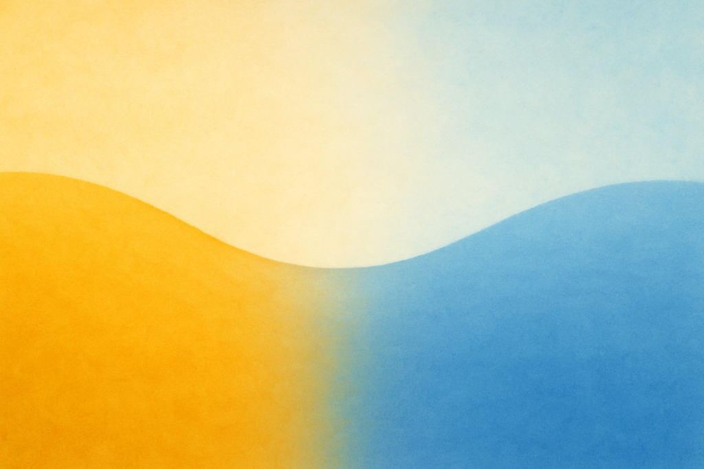 wide horizontal editorial abstract conceptual image of a visual balance metaphor — two distinct color zones spanning the