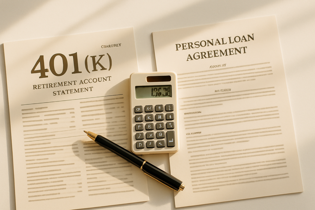 Wide horizontal editorial flat-lay photograph of a financial decision comparison scene: a quarterly 401k retirement acco