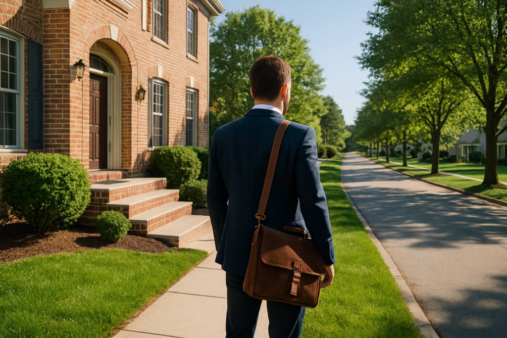 wide horizontal editorial outdoor photo of a confident mid-30s professional man from behind and at a slight distance, st