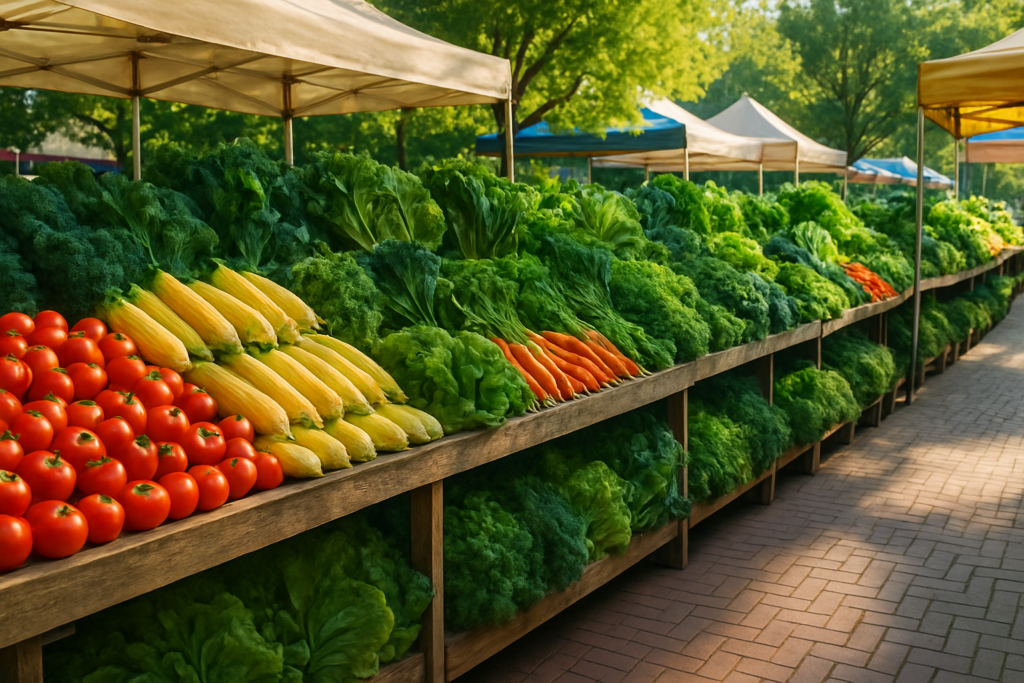 wide horizontal editorial photo of a bright, well-stocked outdoor farmers market on a clear sunny morning, long wooden s