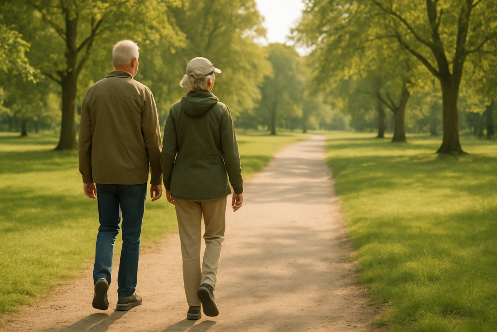 wide horizontal editorial photo of a man and woman in their early-to-mid 60s walking side by side through an open sunlit