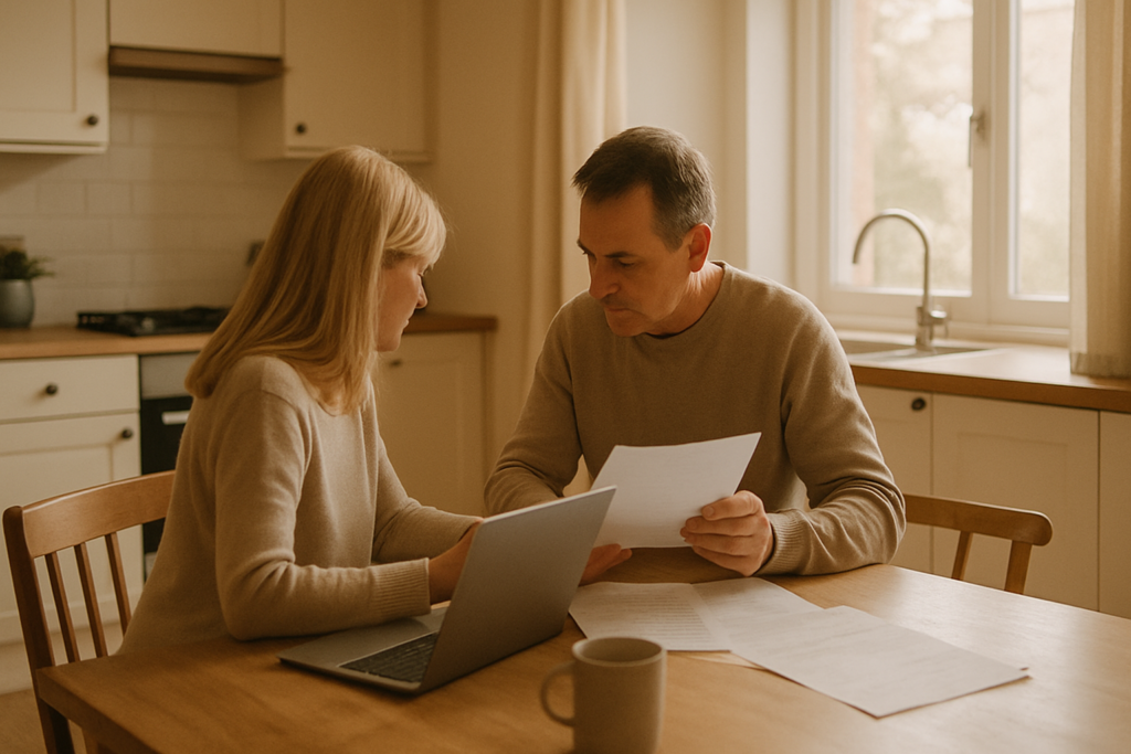 wide horizontal editorial photo of a middle-aged man and woman in their late 40s to early 50s, seen from a distance and