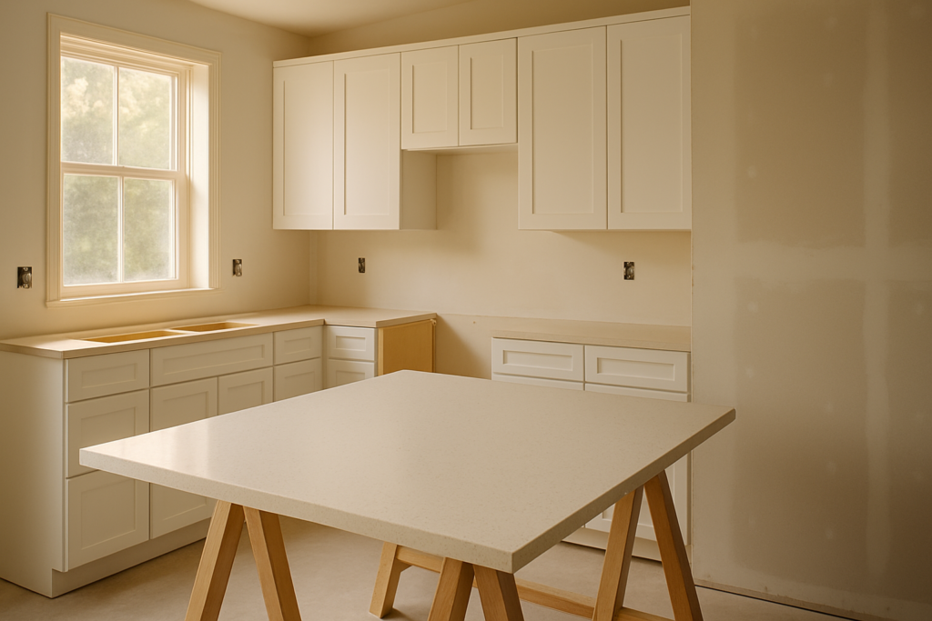 wide horizontal editorial photo of a modern kitchen mid-renovation — new white shaker cabinet boxes installed on one wal