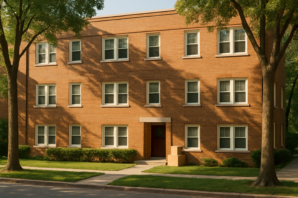 wide horizontal editorial photo of a neatly kept mid-century apartment building exterior on a sunny morning, warm brick