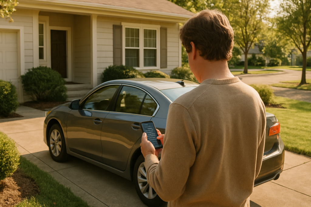 wide horizontal editorial photo of a person standing with their back to the camera beside a midsize sedan parked in the
