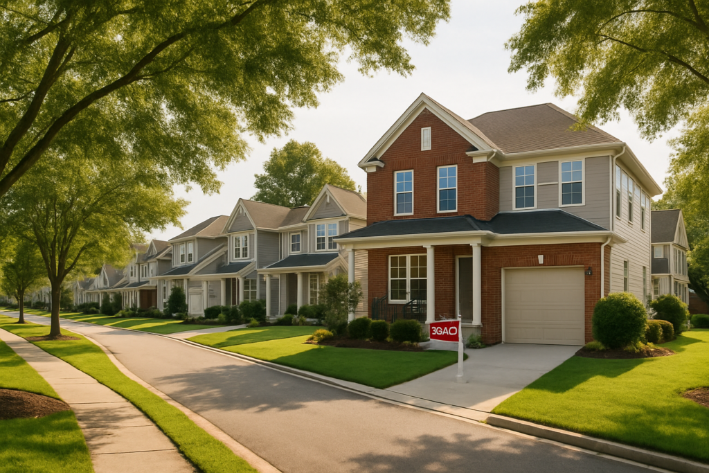 wide horizontal editorial photo of a well-kept suburban street in late morning light, two-story move-up homes with attra