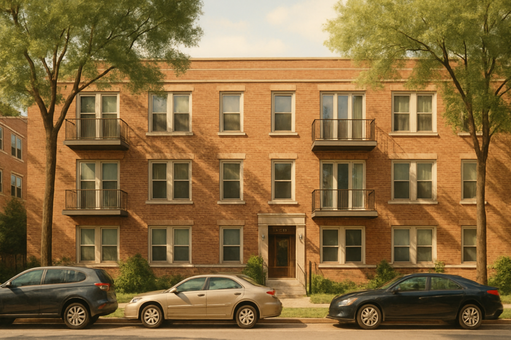 Wide horizontal editorial photo of a well-kept two-story apartment building on a tree-lined urban street, mid-morning li