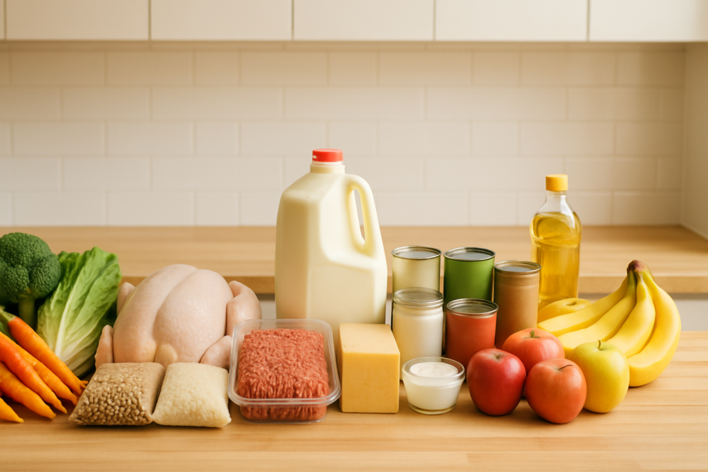 wide horizontal editorial photo of a well-organized weekly grocery haul spread across a light wood kitchen counter spann