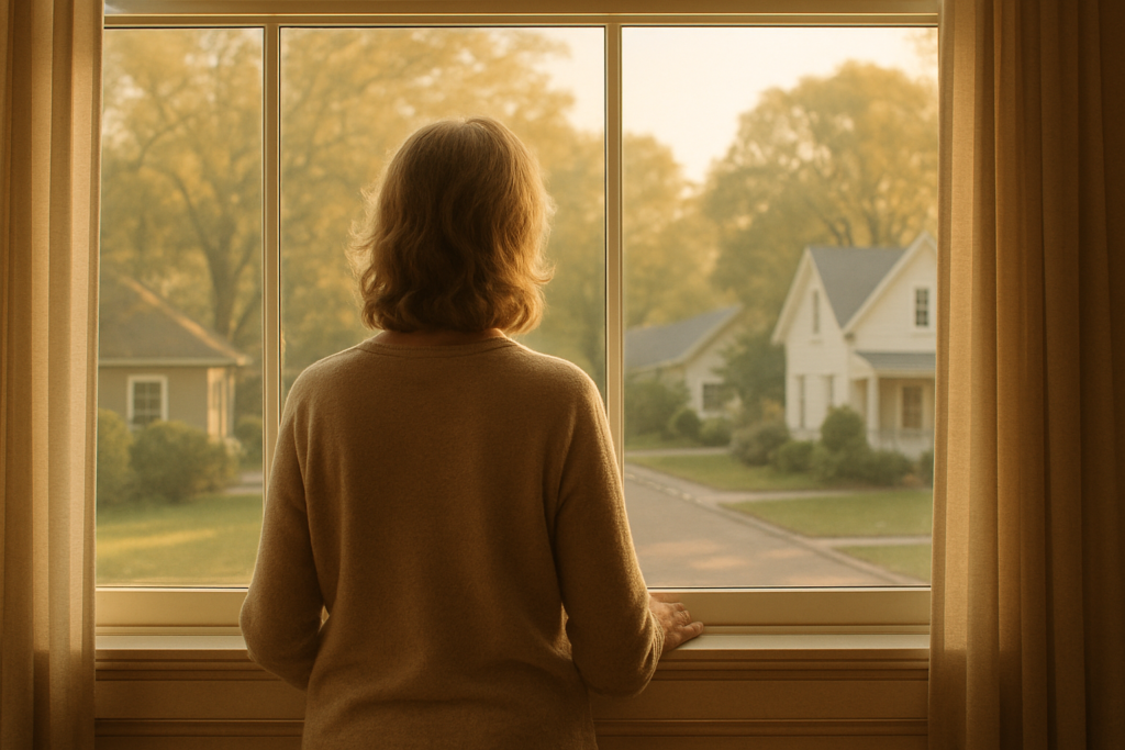 Wide horizontal editorial photo of a woman in her late 50s seen from behind, standing at a large window with soft mornin