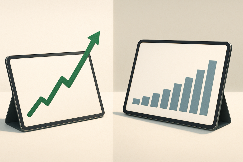Wide horizontal editorial photo of an abstract conceptual investing illustration: a split composition showing two parall