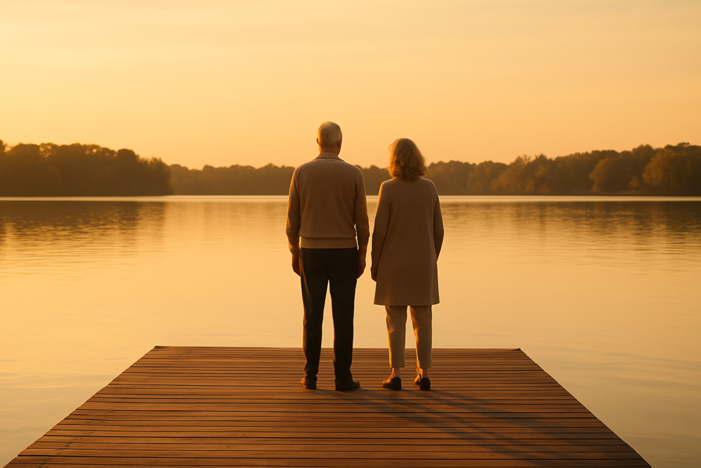 wide horizontal editorial photo, warm optimistic lighting, distant silhouetted couple viewed from behind, a man and a wo