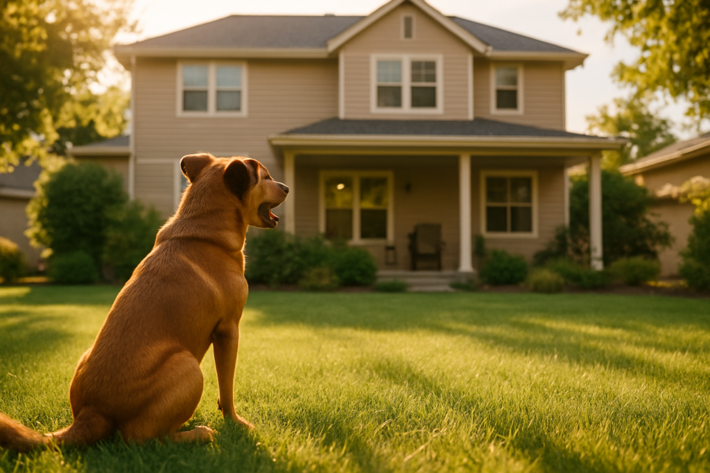 wide horizontal outdoor editorial photo of a happy medium-sized brown dog sitting in a sunlit backyard of a comfortable