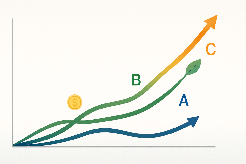 Wide horizontal abstract conceptual editorial illustration of three distinct upward-trending investment growth lines in