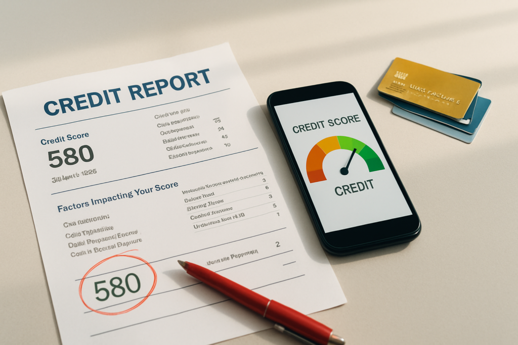 Wide horizontal editorial abstract conceptual photograph of a printed credit report spread across a clean light-gray des