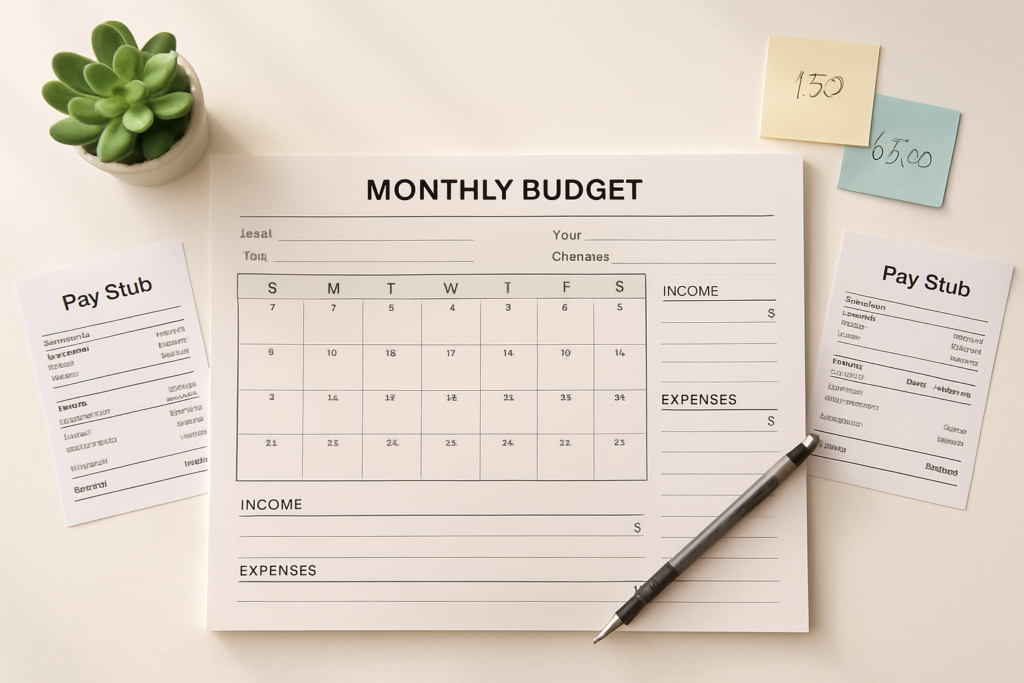 Wide horizontal editorial flat-lay photograph of a clean white desktop surface with a large open monthly budget planner