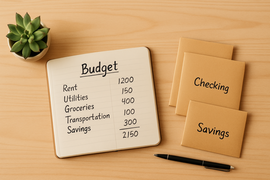 Wide horizontal editorial flat-lay photo of a clean wooden desk surface with a small potted succulent on the left, a sim