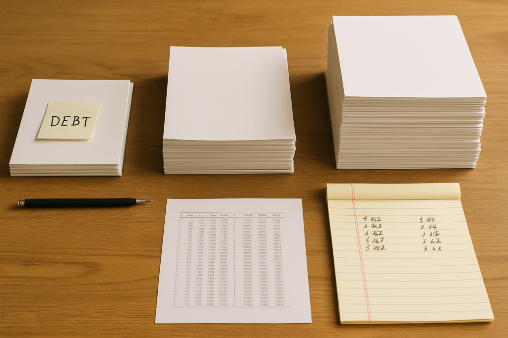 Wide horizontal editorial flat-lay photo of a clean, organized personal finance workspace — a sturdy wooden desk with th