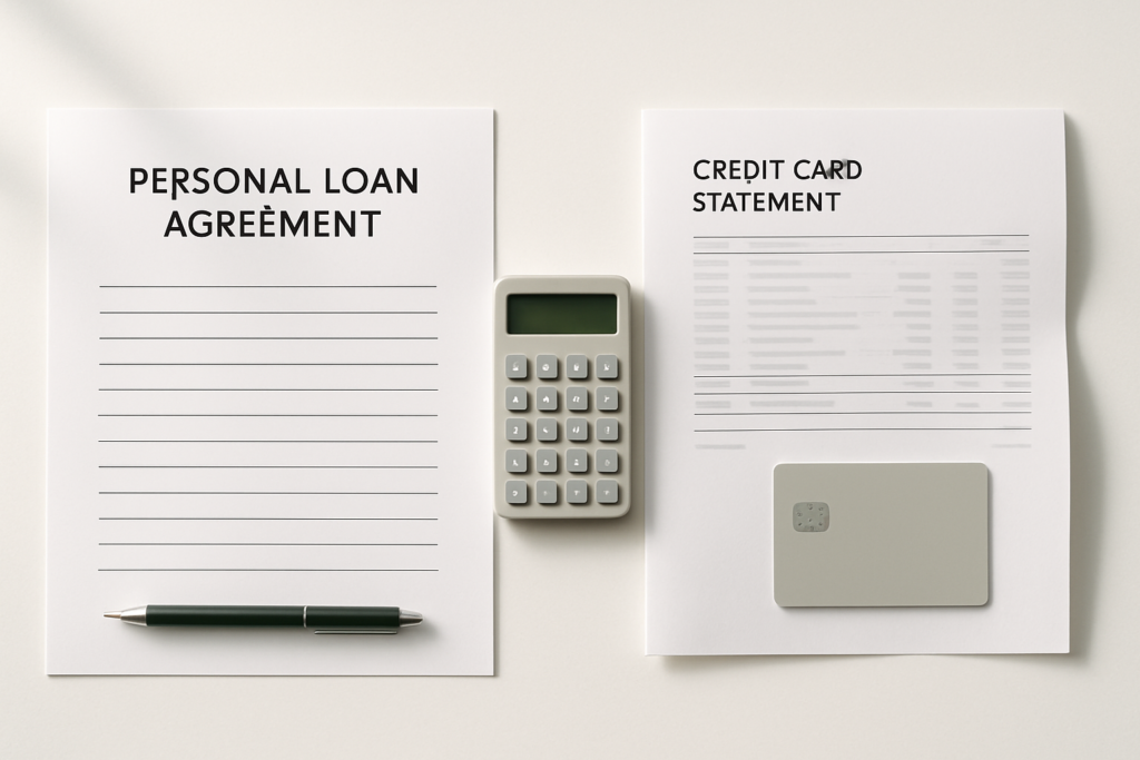 Wide horizontal editorial flat-lay showing two contrasting financial documents arranged side by side across a clean whit