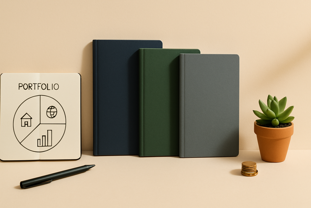 wide horizontal editorial photo, ABSTRACT/CONCEPTUAL style, a clean minimalist investment-themed flat-lay arrangement sp