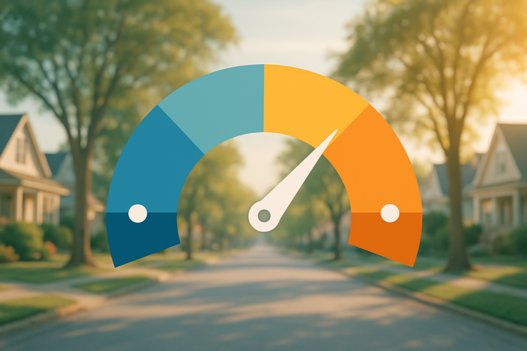 Wide horizontal editorial photo, abstract conceptual composition showing a credit score gauge or meter rendered as a cle