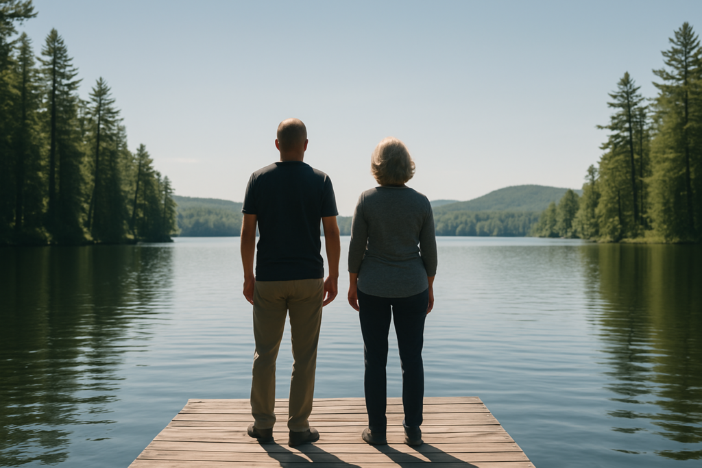 Wide horizontal editorial photo, distant silhouetted couple standing side by side on a wooden dock overlooking a calm la