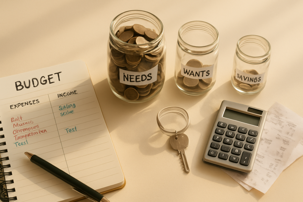 wide horizontal editorial photo, OBJECTS/FLAT-LAY style, a budget planning scene spread across the full width of a warm