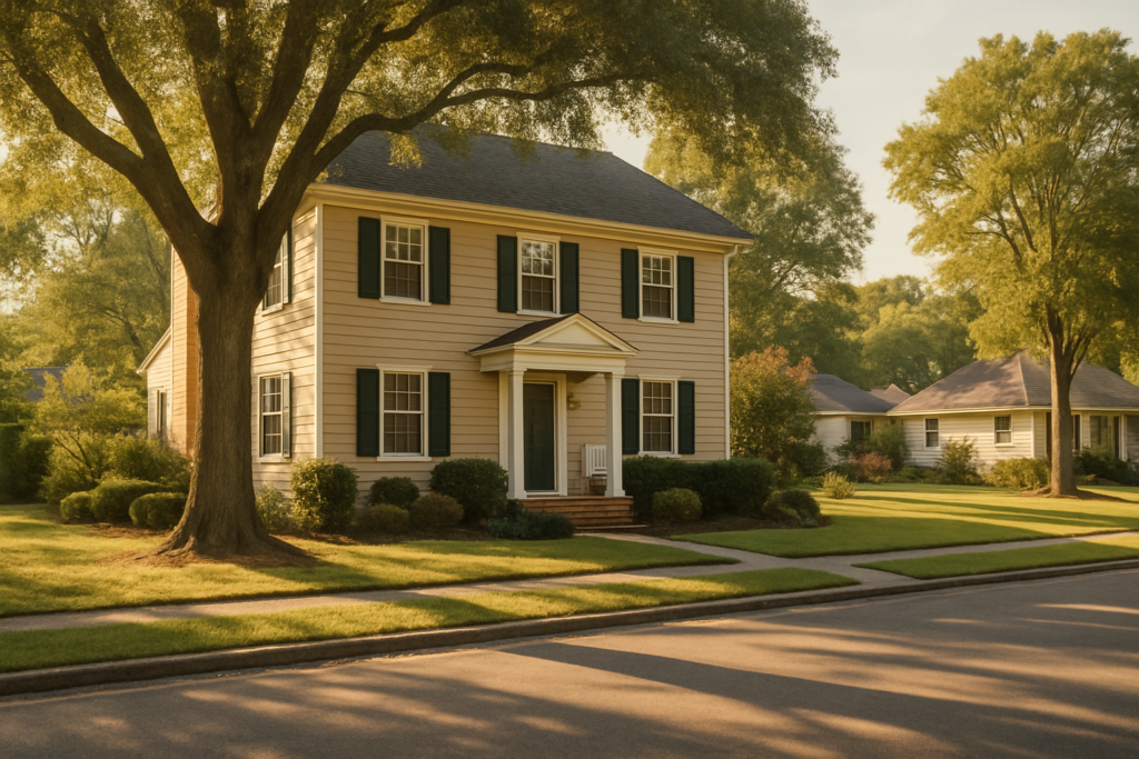 Wide horizontal editorial photo of a quiet residential street in late afternoon light, a comfortable two-story colonial-