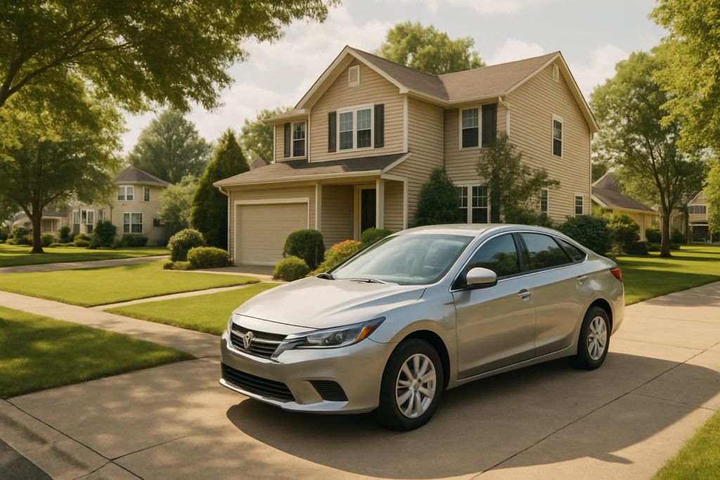 Wide horizontal editorial photo of a well-maintained suburban street scene, a slightly older but clean and polished 2019