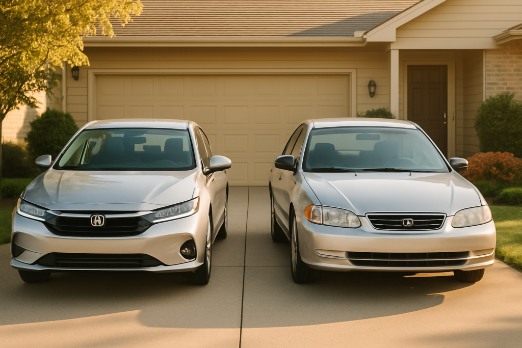 Wide horizontal editorial photo showing two nearly identical sedans parked side by side in a clean suburban driveway — o