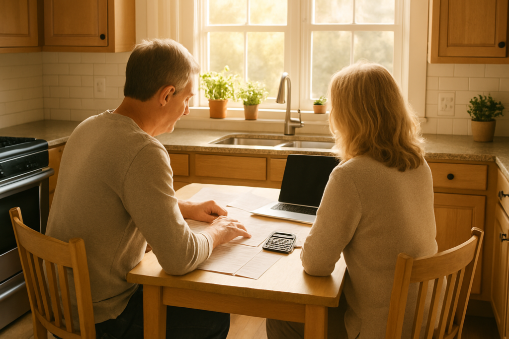Wide horizontal editorial photo, warm natural morning light streaming through a large kitchen window. A man and woman bo