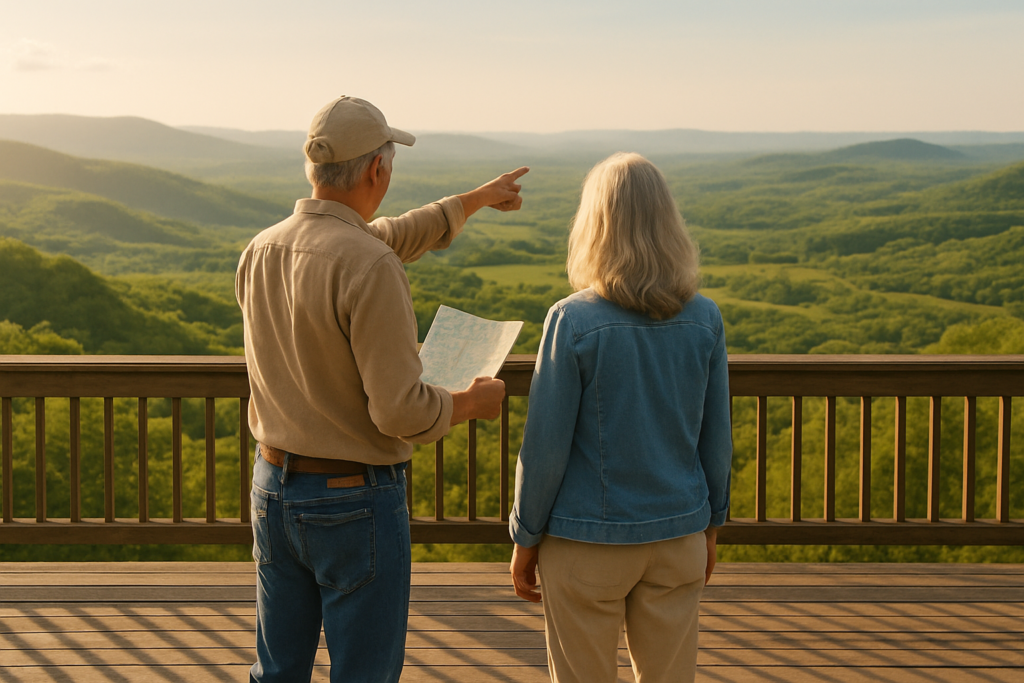 Wide horizontal editorial photograph of a man and woman in their early 60s standing side by side from behind on a wide w