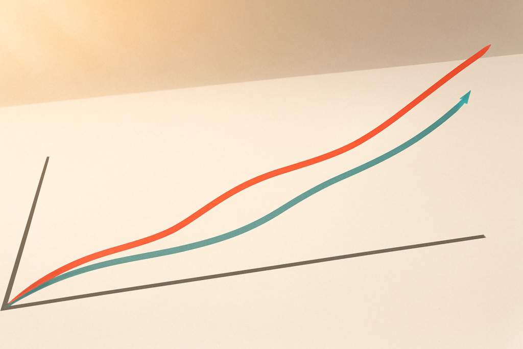 Wide horizontal editorial abstract illustration showing a simple bold line chart viewed at a low angle across a clean li