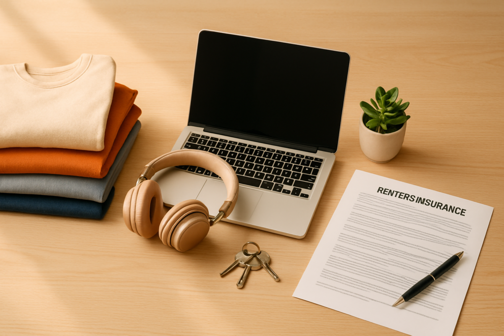 Wide horizontal editorial flat-lay photograph of renters insurance and apartment living items arranged across a light wo