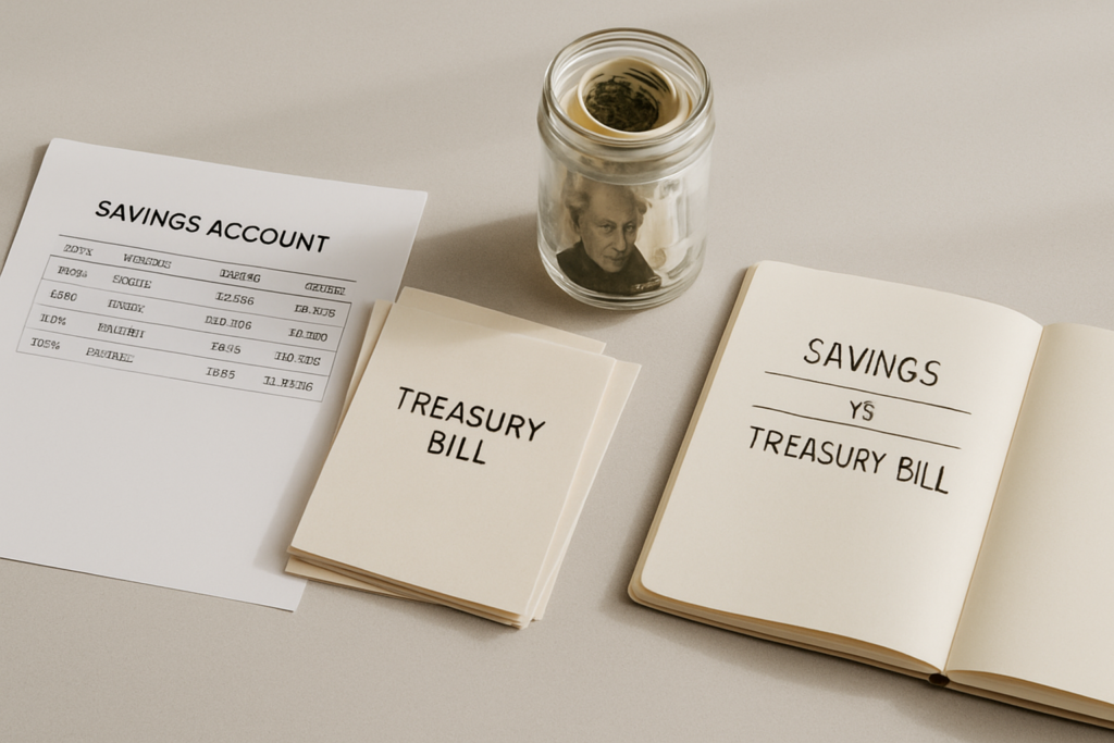 Wide horizontal editorial flat-lay photograph of a neatly arranged set of financial planning objects on a clean light-gr