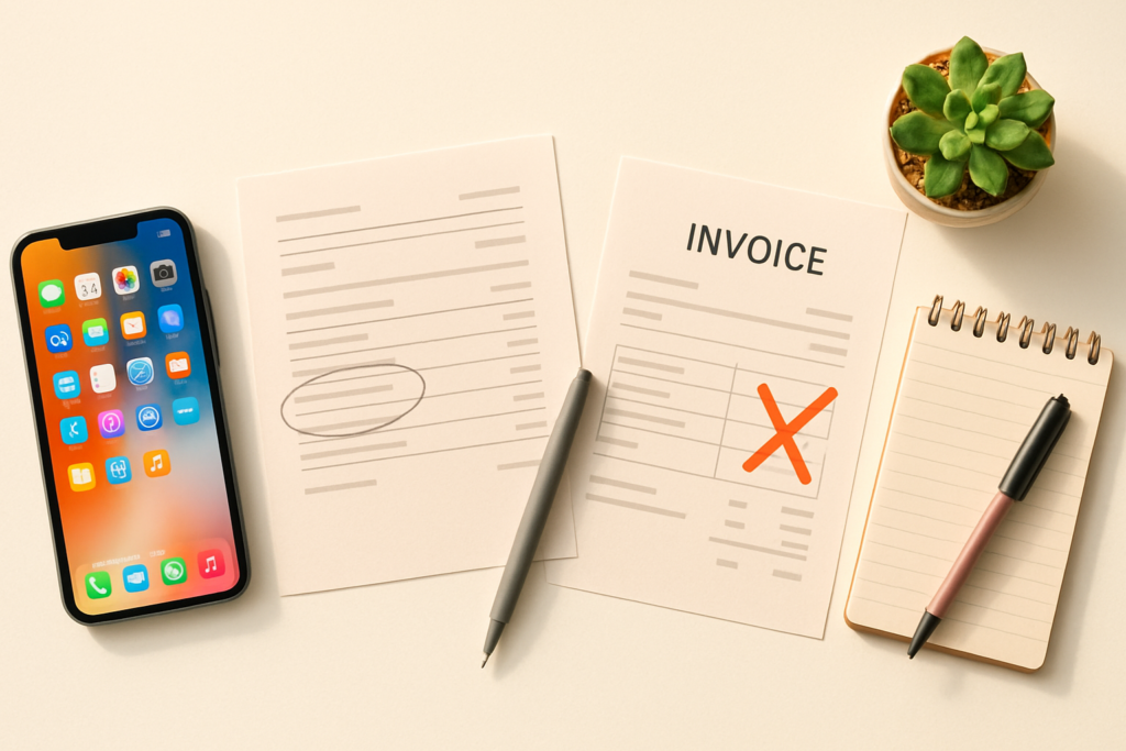 Wide horizontal editorial flat-lay photograph of subscription and budget management items arranged on a clean white desk