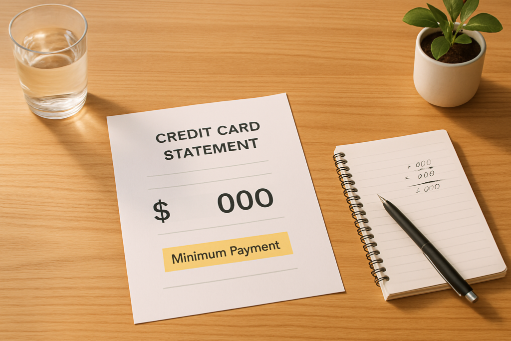 Wide horizontal editorial flat-lay photograph of a wooden kitchen table surface with a single credit card statement prin