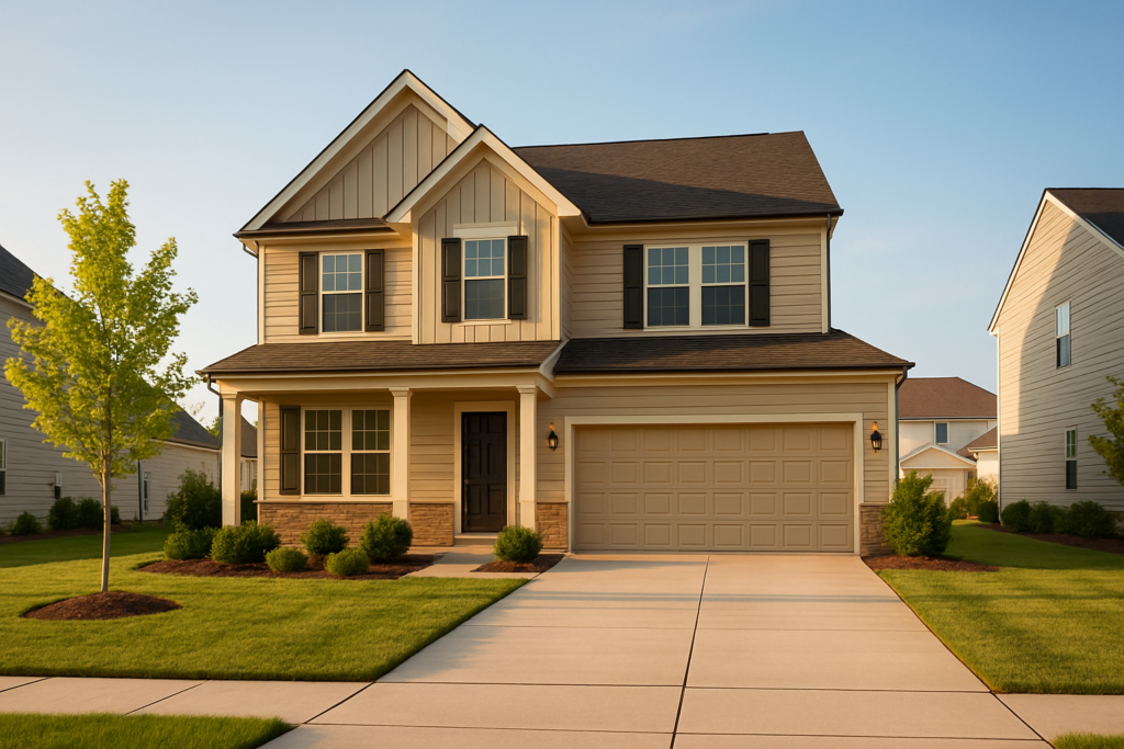 Wide horizontal editorial outdoor photo of a newly built attractive suburban home viewed from the end of a clean concret