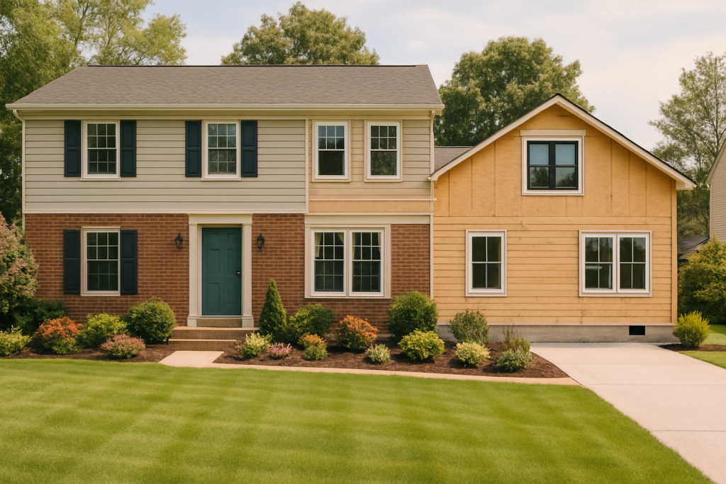 Wide horizontal editorial outdoor photograph of an attractive suburban home — a well-kept two-story house with warm bric